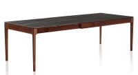 Table extensible 8 à 12 personnes en noyer et céramique allonges céramique avec bois teinte naturelle et plateau et allonges céramique effet marbre noir 180x100 cm