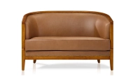 Canapé vintage 2 places bois teinte meriser et cuir noisette