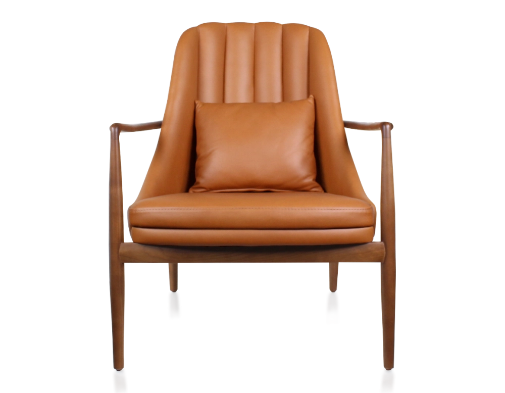 Fauteuil design bois teinte merisier et cuir caramel