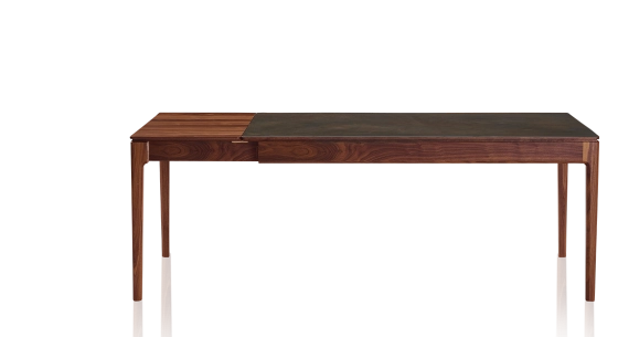 Table extensible 6 à 10 personnes en noyer et céramique allonges bois avec bois teinte naturelle et plateau céramique brun oxydé 160x100 cm