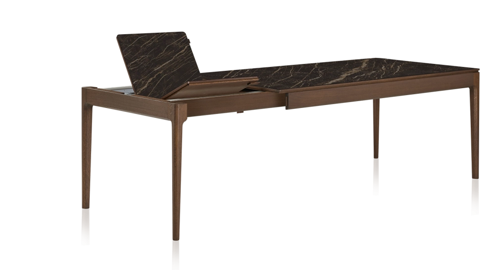 Table extensible 6 à 10 personnes en chêne et céramique allonges céramique avec bois teinte marron foncé et plateau et allonges céramique effet marbre noir 160x100 cm