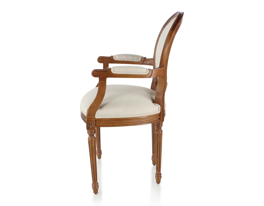 Antique Louis XVI style armchair with armrests wood stained in antique style and beige chevron fabric