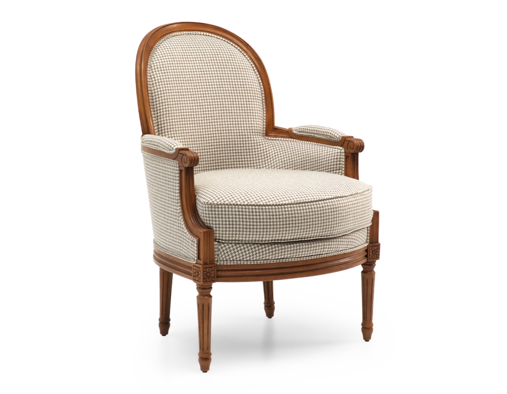 Fauteuil bergère style Louis XVI bois teinte ancienne et tissu pied de poule blanc et taupe