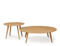 Round coffee table F1 in oak and ceramic natural wood finish with ceramic top in travertine stone effect. 90x90x30 cm