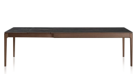 Table extensible en chêne et céramique 6 à 10 personnes allonges céramique avec bois teinte marron foncé et plateau et allonges céramique effet marbre noir 140x90 cm