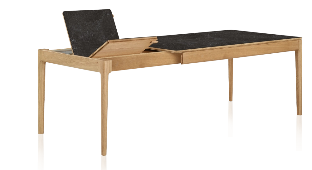 Table extensible en chêne et céramique 6 à 10 personnes allonges céramique avec bois teinte naturelle et plateau et allonges céramique effet ardoise 140x90 cm