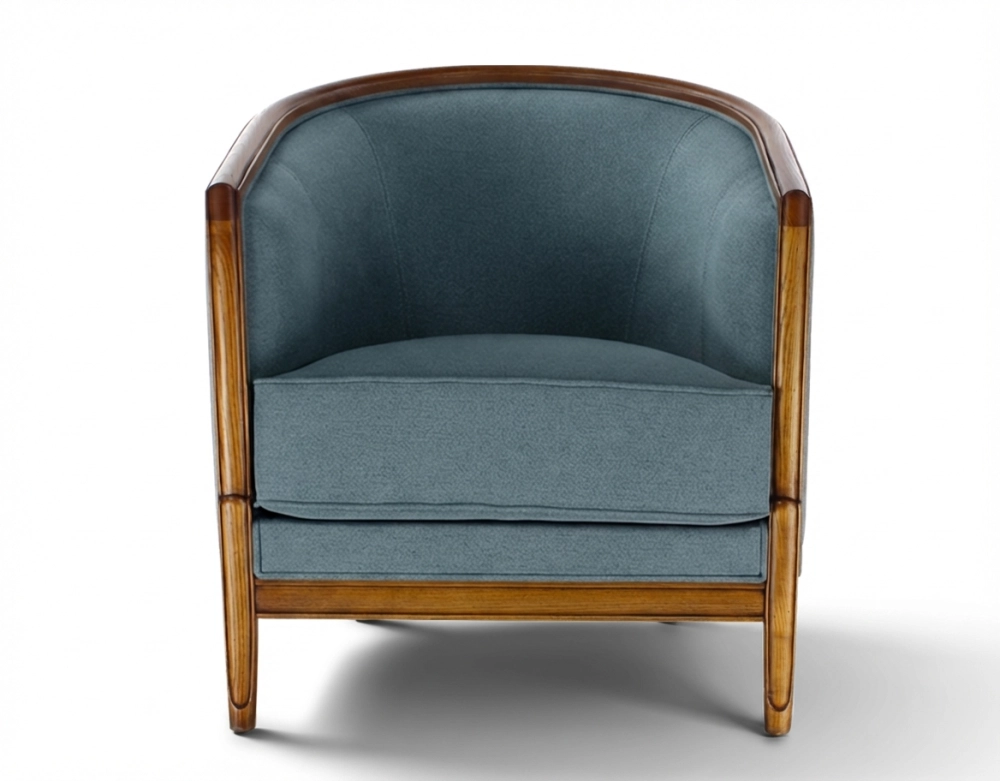 Sillón antiguo con reposabrazos moldurados bois teinte ancienne et tissu bleu océan