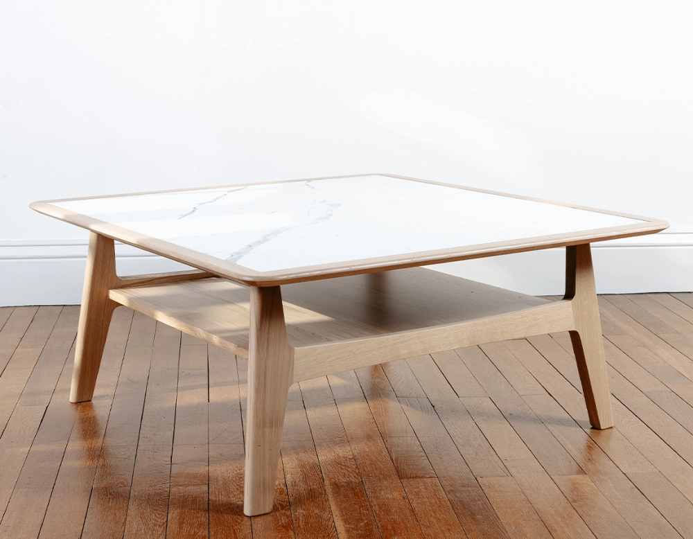 Table basse carrée en chêne et céramique avec bois teinte naturelle plateau céramique effet marbre blanc 100x100 cm