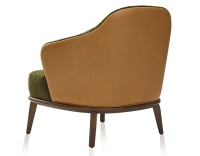 Fauteuil design cuir caramel et tissu bouclé vert