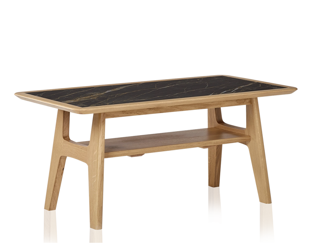Table basse rectangulaire en chêne et céramique avec bois teinte naturelle plateau céramique effet marbre noir 100x50 cm