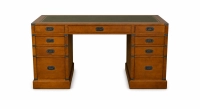Bureau marine double caissons 9 tiroirs bois teinte merisier et cuir vert