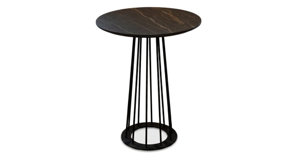 Table bistrot pied cage plateau céramique effet marbre noir