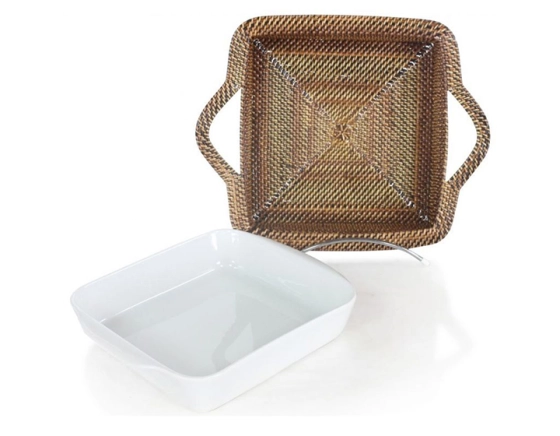 Plat porcelaine carré avec support en fleur de rotin petit modèle