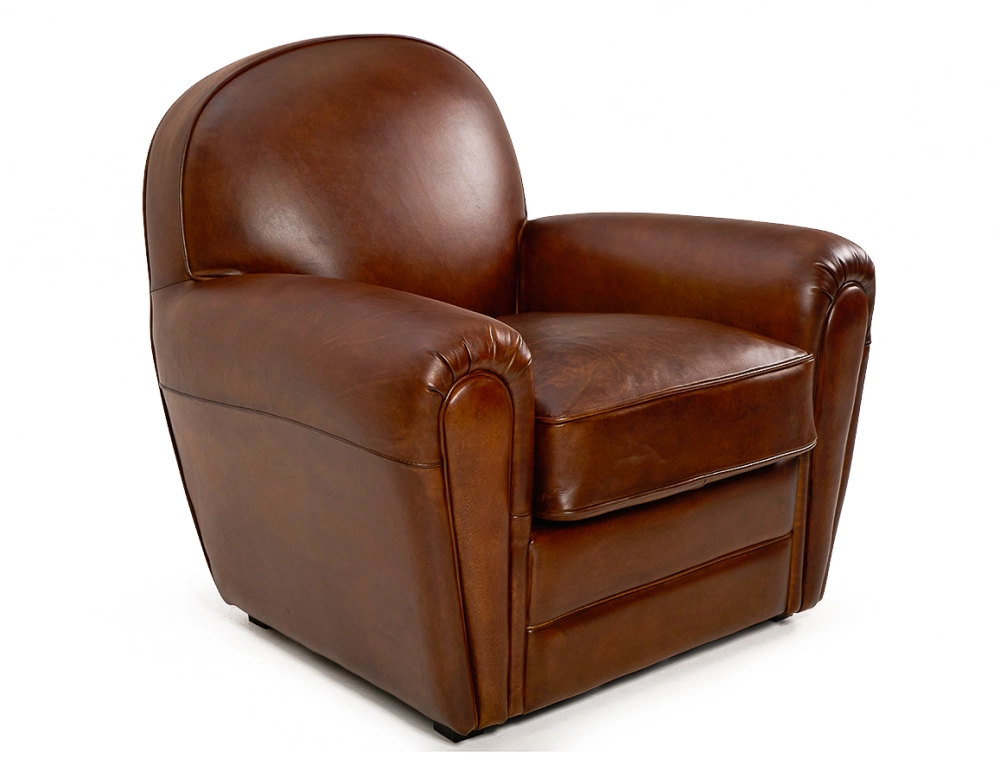 Fauteuil club cuir marron vintage accoudoirs passepoil