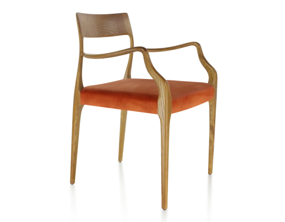 Chaise scandinave avec accoudoirs bois teinte merisier assise tissu velours terracotta