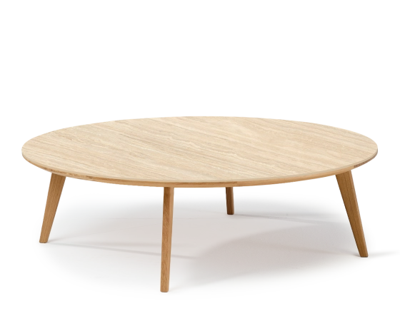 Table basse ronde F1 en chêne et céramique bois teinte naturelle plateau céramique effet pierre travertin 100x100x30 cm