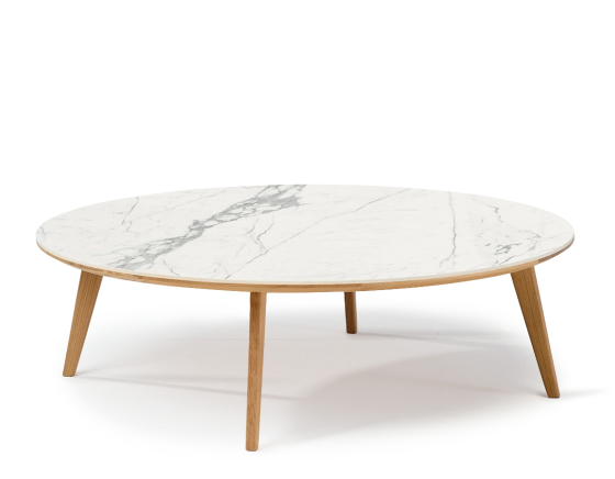 Table basse ronde F1 en chêne et céramique bois teinte naturelle plateau céramique effet marbre blanc 100x100x30 cm