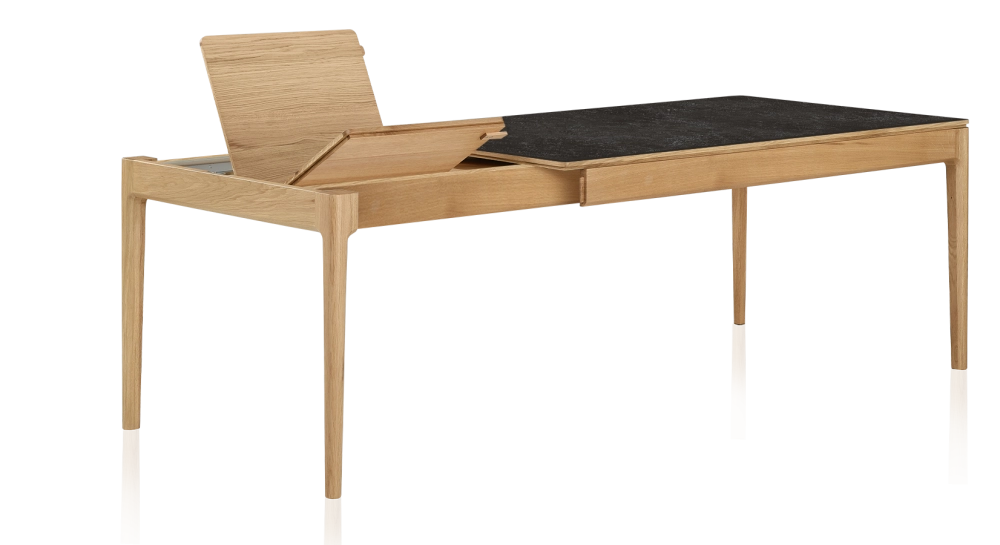 Table extensible 6 à 10 personnes en chêne et céramique allonges bois avec bois teinte naturelle et plateau céramique effet ardoise 140x90 cm