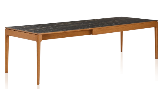 Table extensible en chêne et céramique 6 à 10 personnes allonges céramique avec bois teinte merisier et plateau et allonges céramique effet marbre noir 140x90 cm