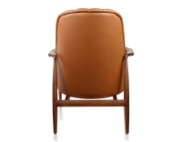 Fauteuil design bois teinte merisier et cuir caramel