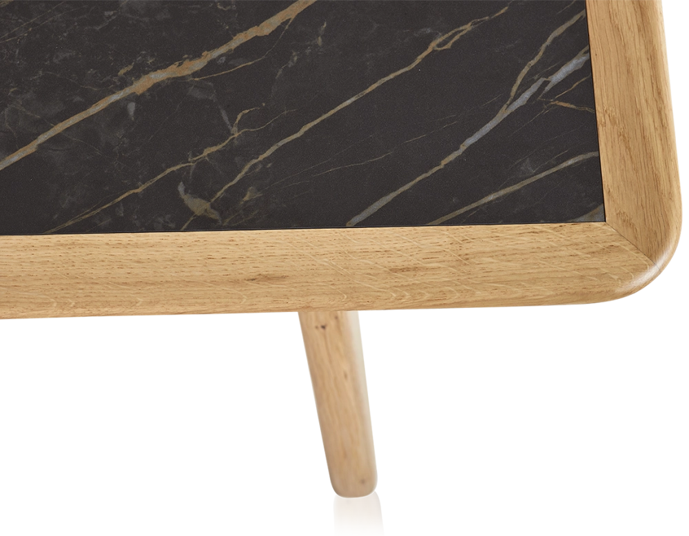 Table basse rectangulaire en chêne et céramique avec bois teinte naturelle plateau céramique effet marbre noir 100x50 cm