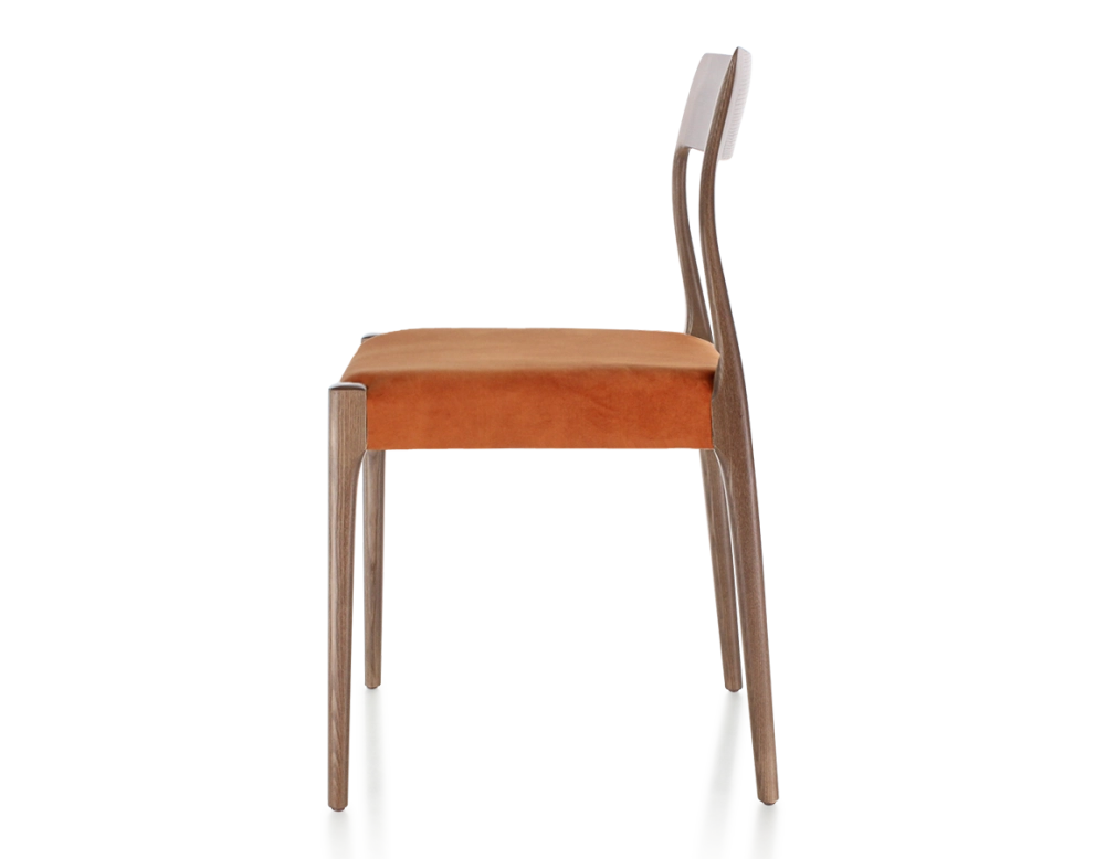 Chaise scandinave bois teinte marron foncé assise tissu velours terracotta