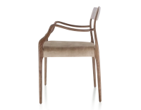 Chaise scandinave avec accoudoirs bois teinte marron foncé assise tissu velours taupe clair