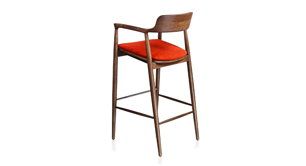 Tabouret de bar h80 cm bois teinte marron foncé assise tissu orange brulé