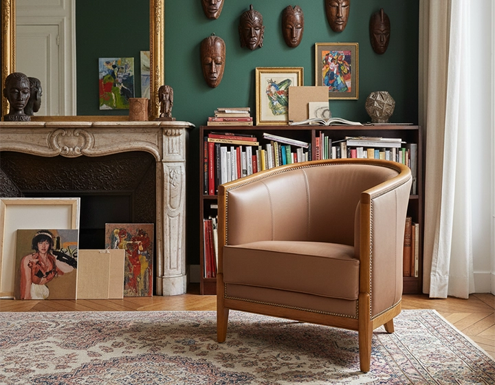 Fauteuil ancien teinte merisier et cuir noisette