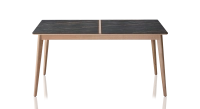 Table salle à manger en chêne et céramique 6 personnes avec bois teinte naturelle et plateau céramique effet marbre noir 160x100 cm