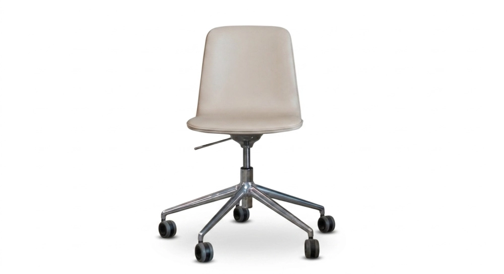 Chaise de bureau sans roulettes dossier bois teinte naturelle assise cuir beige