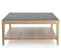 Table basse carrée en chêne et céramique avec tablette en bois teinte naturelle plateau céramique effet ardoise 100x100 cm