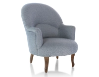 Fauteuil crapaud avec accoudoirs pieds bois teinte noyer et tissu chevron bleu