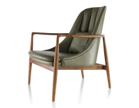 Fauteuil design bois teinte merisier et cuir vert kaki