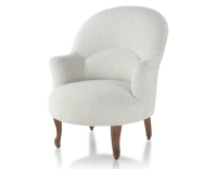 Fauteuil crapaud avec accoudoirs pieds bois teinte noyer et tissu bouclé blanc