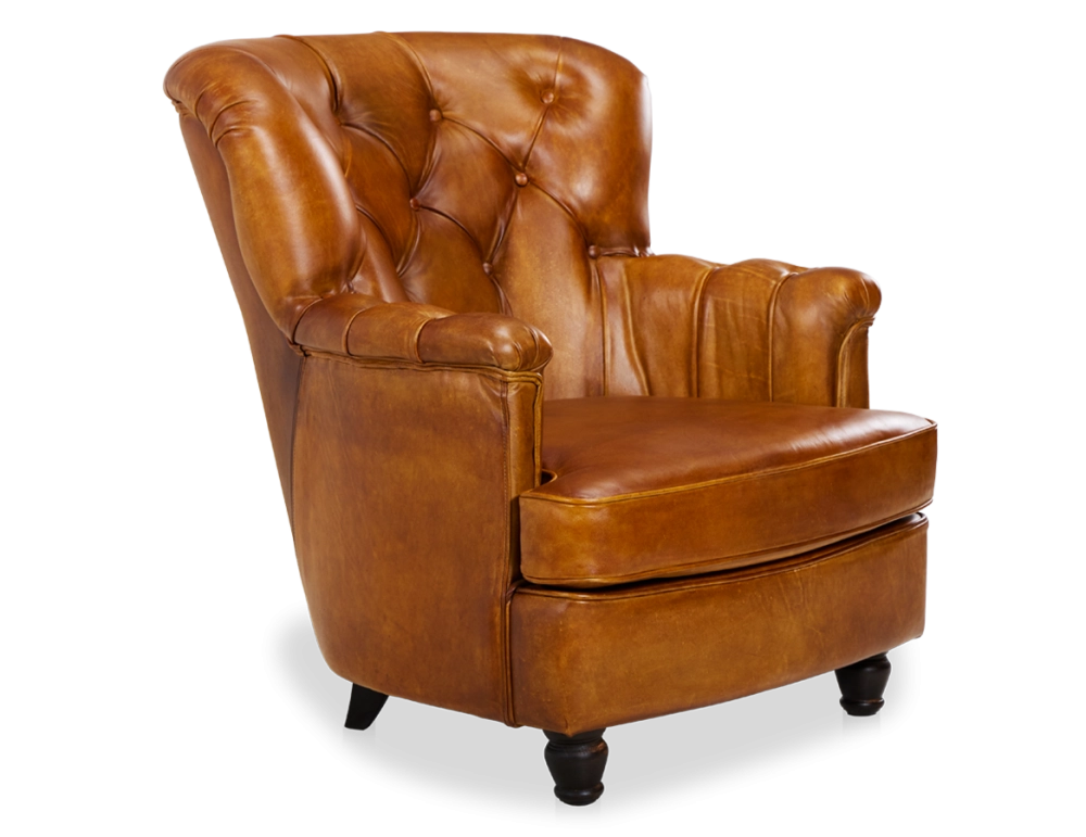Fauteuil Chesterfield cuir cognac moyen dossier