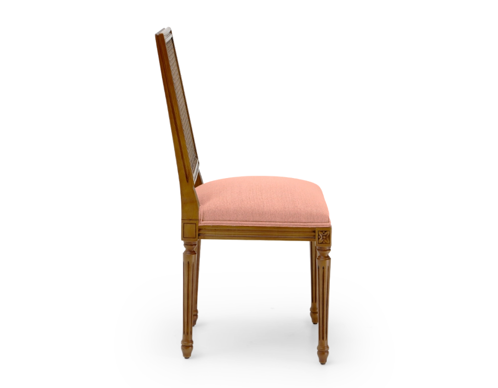 Louis XVI style antique chair cane back chair with coral pink fabric seat