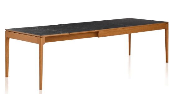 Table extensible 8 à 12 personnes en chêne et céramique allonges céramique avec bois teinte merisier et plateau et allonges céramique effet ardoise 180x100 cm