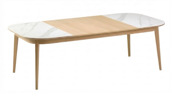 Table extensible 6 à 10 personnes en chêne et céramique allonges bois avec bois teinte naturelle et plateau céramique effet marbre blanc 160x100 cm
