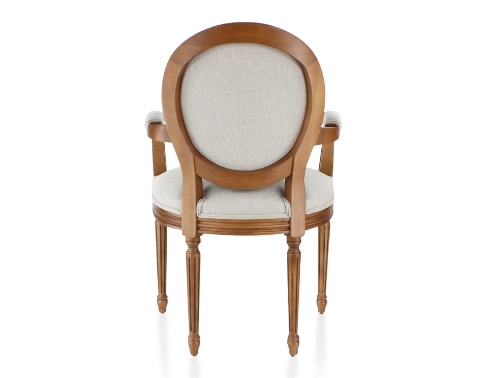 Silla antigua estilo Luis XVI con reposabrazos madera con tinte envejecido y tejido beige natural