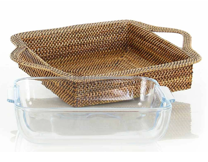 Plat pyrex carré avec support en fleur de rotin