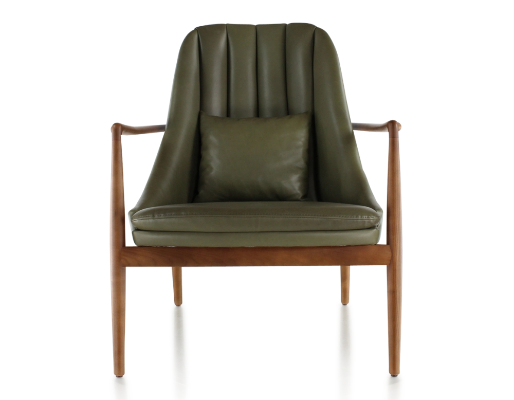 Fauteuil design bois teinte merisier et cuir vert kaki