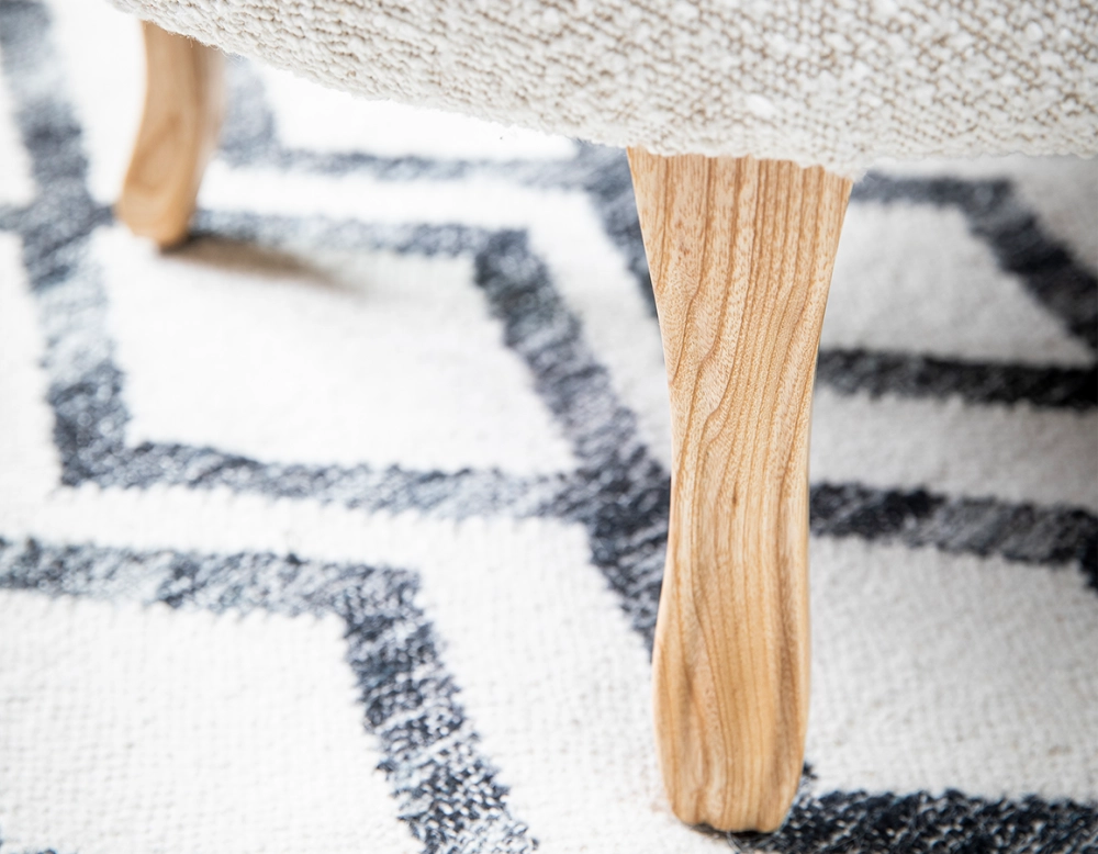 Armless toad chair natural tint wooden legs and white looped fabric