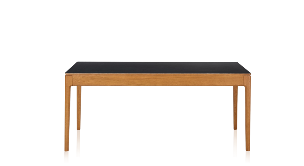 Table extensible 8 à 12 personnes en chêne et céramique allonges céramique avec bois teinte merisier et plateau et allonges céramique noire unie 210x100 cm