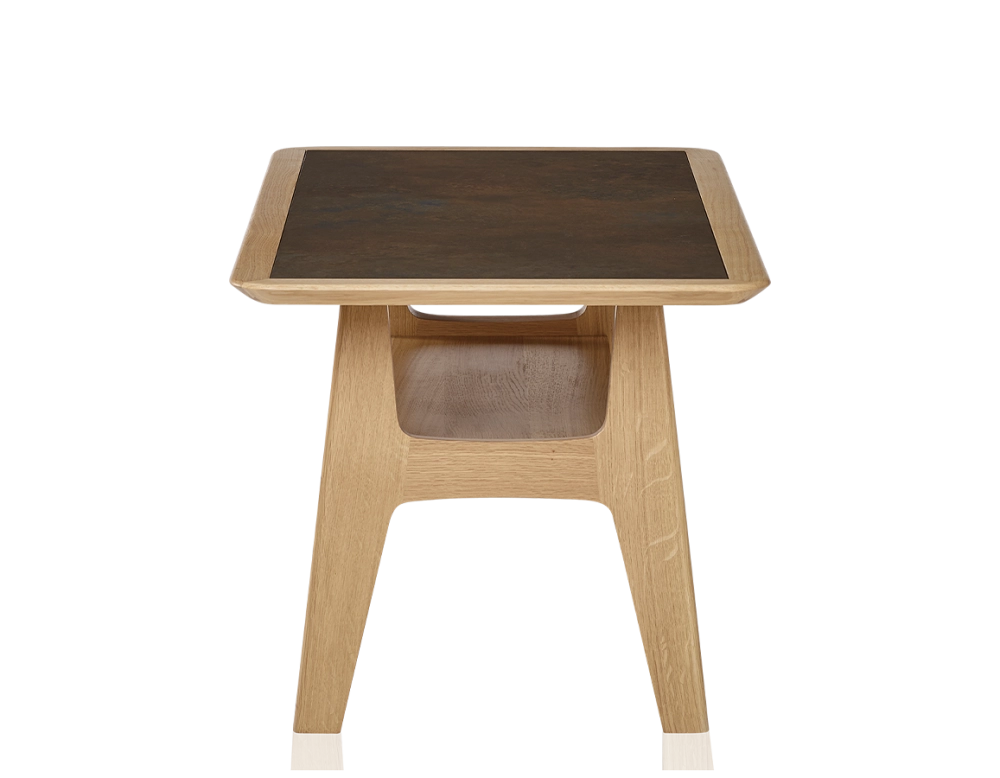 Rectangular coffee table in oak and ceramic with natural stained wood, oxidised brown ceramic top 100x50 cm