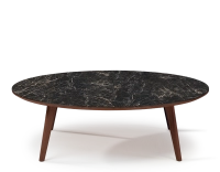 Table basse ronde F1 en chêne et céramique bois teinte marron foncé plateau céramique effet marbre noir 90x90x40 cm
