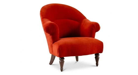 Fauteuil crapaud avec accoudoirs pieds bois teinte naturelle et tissu velours terracotta