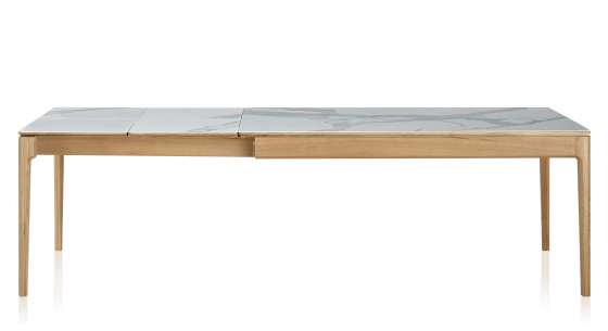 Table extensible en chêne et céramique 6 à 10 personnes allonges céramique avec bois teinte naturelle et plateau et allonges céramique effet marbre blanc 140x90 cm