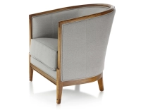 Antique armchair with moulded armrests wood stained in an antique style and light grey fabric
