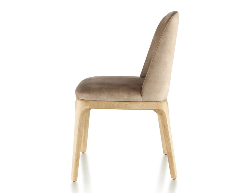Chaise design bois teinte naturelle et tissu velours taupe clair